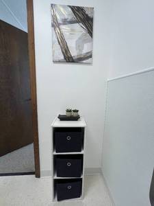 lot 56 image: 3 Fabric Drawer Storage Set with Wall Art and Faux Succulents