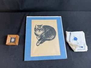 lot 59 image: Group of Decorative Items Framed Cat Print, Needlework Napkins, Wooden Box w Lacework