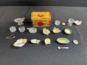 lot 60 image: Vintage Salt Cellar Collection with Dan Patch Tin and Miniature Sterling Spoons