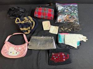 lot 66 image: Assorted Vintage Gloves, Scarves, and Small Handbags Collection
