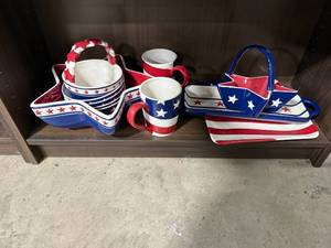lot 74 image: Patriotic Star-Shaped Ceramic Dishware Set with Mugs, Trays, and Bowls