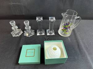lot 82 image: Limoges Bernardaud Votive Holder, Crystal Candlestick Holders, Hand-Painted Glass Pitcher