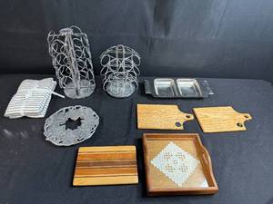 lot 83 image: Assorted Kitchenware Lot with Keurig Metal Racks, Cutting Boards, and Decorative Tray