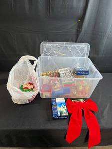 lot 90 image: Holiday Decor Collection with LED Lights, Ornaments, and Bows in Storage Bin