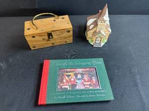 lot 100 image: Holiday Decor and Dept 56 Collectibles Lot Wooden Box, Sleepy Hollow Church Figurine, Christmas Display Book
