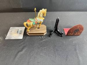 lot 101 image: Antique Leather Bookend & Collection of Decorative Items Including Carousel Horse Figurine and Stands