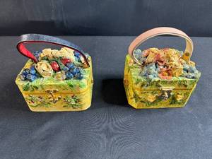 lot 107 image: Pair of Handmade Decorative Floral PursesTrinket Boxes with Handles