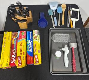 lot 114 image: Large Kitchenware Collection with Knife Block, Utensils, Bakeware and Wraps