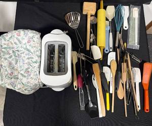 lot 116 image: Kitchen Utensil Lot with White Toaster and Cover