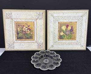 lot 119 image: Set of 2 Framed Floral Prints and Clear Deviled Egg Tray