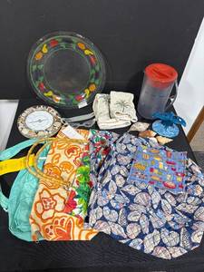 lot 123 image: Beach and Summer Decor Collection with Bags, Pitcher, Clock, and Towels