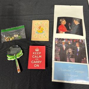 lot 125 image: Mixed Lot Dice, Dragonfly Magnifier, Books, and Political Photographs