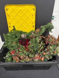 lot 136 image: Large Bin of Artificial Holiday Garland with Red Lights and Decorations