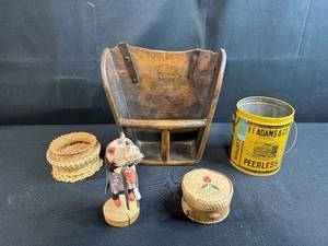 lot 141 image: Vintage Decor Collection Tobacco Tin, Wooden Wall Bin, Handcrafted Baskets, and Kachina Doll