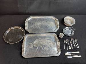lot 146 image: Collection of Vintage Silver-Plated Serving Trays, Bowls, and Utensils