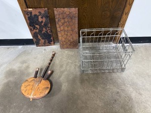 lot 148 image: Vintage West African Kora, Metal Basket, Wooden Textile Printing Blocks Set