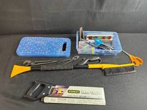 lot 154 image: Assorted Hand Tool Lot with Saw, Ice Scraper, Pliers, Scissors, and Tool Box