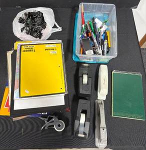 lot 161 image: Office Supply Lot with Notebooks, Writing Instruments, Tape Dispensers, and Staples
