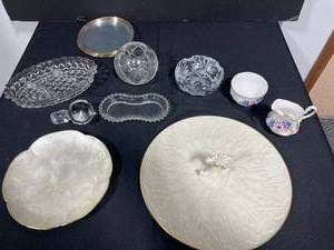 lot 169 image: Assorted Decorative Dishware and Crystal Bowls Including Lenox, Paragon, and Capiz Shell Tray