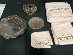 lot 171 image: Collection of Vintage Pink Embroidered Towels and Depression Glass Dishes