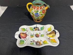 lot 172 image: Set of 2 Hand-Painted Italian Pottery Pieces Divided Dish (chipped on bottom) and Floral Pitcher