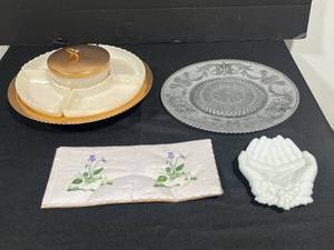 lot 175 image: Vintage Entertaining Set with Glass Tray, Divided Serving Dish, Milk Glass Hand Dish, and Floral Napkins
