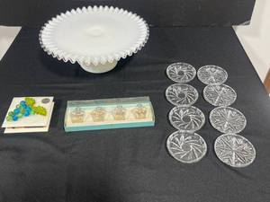 lot 176 image: Vintage Home Decor Lot Hobnail Milk Glass Pedestal Plate, Crystal Coasters, Salt and Pepper Shakers, Papel Match Holder