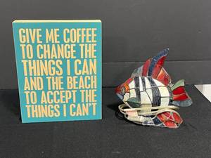 lot 179 image: Stained Glass Fish Lamp & Primitives by Kathy Coffee Quote Sign Set