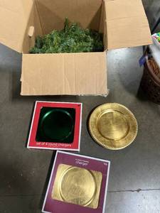 lot 180 image: Holiday Decor Lot with Artificial Evergreen Garland, and Charger Plates