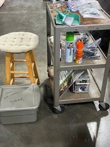 lot 182 image: Utility Cart with Black & Decker Air Station CompressorInflator, Cleaning Supplies, Hardware, and Hand Tools Assortment
