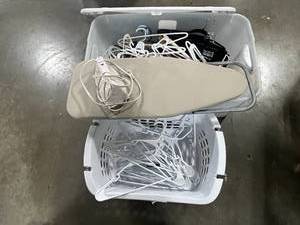 lot 184 image: Sunbeam Iron with Tabletop Ironing Board and Laundry Basket of Hangers