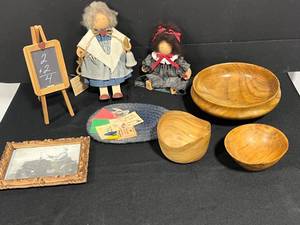 lot 194 image: Lot of Handcrafted Wooden Signed Bowls, Lizzie High Folk Art Dolls, Framed Photo, and School Decor