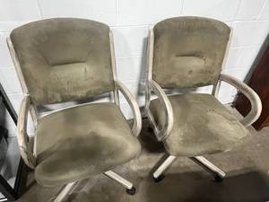 lot 202 image: Pair of Olive Green Upholstered Swivel Office Chairs with Distressed White Trim