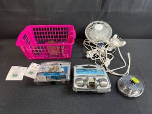 lot 207 image: Household Hardware and Accessories Lot with Lock Sets, Bulbs, Fan, and Basket