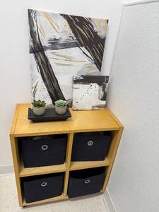 lot 213 image: 2 Abstract Canvas Art Pieces with Faux Succulents, Display Stands and Wooden Storage Cube w Fabric Containers