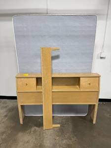 lot 215 image: Full SZ Sertapedic Mattress with Box Spring and MCM Oak Headboard w Storage, 56in x 72in
