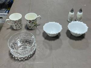 lot 218 image: Assorted Tableware Set with Vintage Milk Glass Grape Salt & Pepper Shakers, Milk Glass Footed Dessert Bowls, Glass Dish, and Queens Bone China Mugs