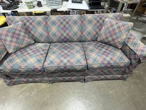 lot 222 image: Ethan Allen Sleeper Sofa with Plaid Upholstery and Accent Pillows