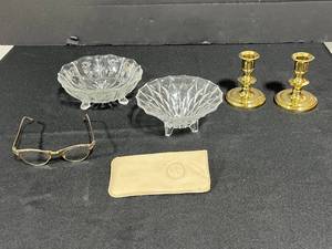 lot 223 image: Vintage Glass Bowls, Baldwin Brass Candle Holders, and VTG Eyeglasses with Ray Ban Case