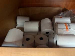 lot 523 image: Box of sticker rolls and Register tape