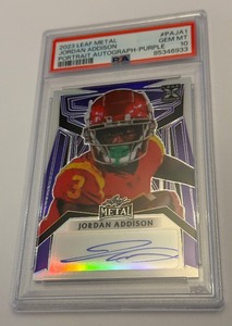 lot 9 image: Jordan Addison Auto Pop 1 5 PSA Gem Mint 10 2023 Leaf Metal Portrait Auto-Purple #PAJA1 Numbered 15 Football Card