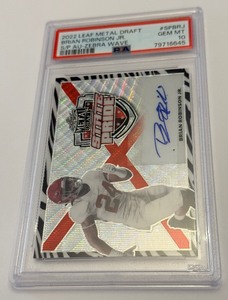 lot 15 image: Brian Robinson Auto 5 PSA 10 Gem Mint, Pop 1, 2022 Leaf Metal Draft SP Au-Zebra Wave #SPBRJ Football Card