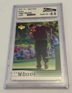 lot 27 image: Tiger Woods RC Graded 8.5 NM-MT 2001 Upper Deck #1 Rookie Golf Card