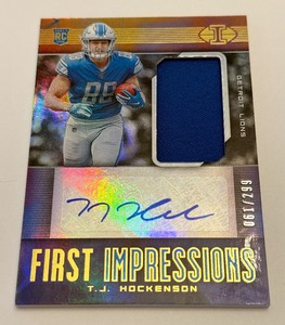 lot 24 image: TJ Hockenson RPA Relic, Auto, RC 299 2019 Illusions #137 First Impressions Rookie Football Card