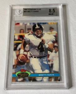 lot 28 image: Brett Favre RC 1991 Stadium Club Beckett Graded 8.5 NM-MT Rookie Football Card