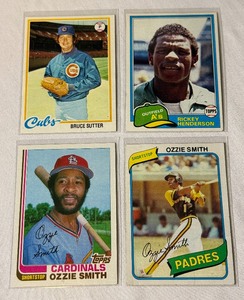 lot 189 image: 4-Card Vintage Baseball Star Lot - Rickey Henderson 2nd Year, Ozzie Smith 2nd Year and Traded, Bruce Sutter 2nd Year