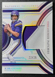 lot 28B image: 2023 Kirk Cousins NFL Panini National Treasures Treasured Patches 2-Color Patch 2225 Minnesota Vikings Football Card No. TP-KCO