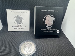 lot 44 image: 2021-P  Uncirculated Morgan Silver Dollar in Original Mint Box with COA