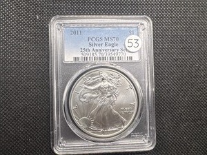 lot 53 image: 2011 Twenty Fifth Anniv. 1 Oz. Silver American Eagle PCGS MS70 - Perfect Grade