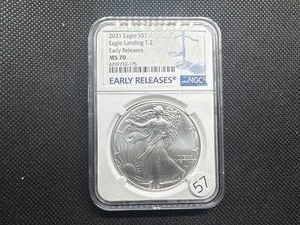 lot 57 image: 2021 Eagle Landing Type 2 1 Oz. Silver American Eagle NGC MS70  - Perfect Grade - Early Releases